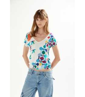 Maglia scollo a V a mezze maniche con stampa Birds double use