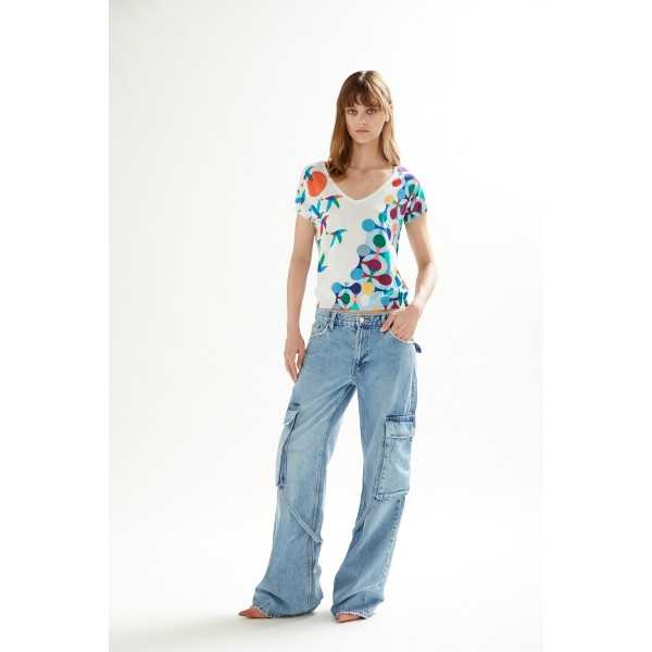 V neck sweater with short sleeves and Birds print double use