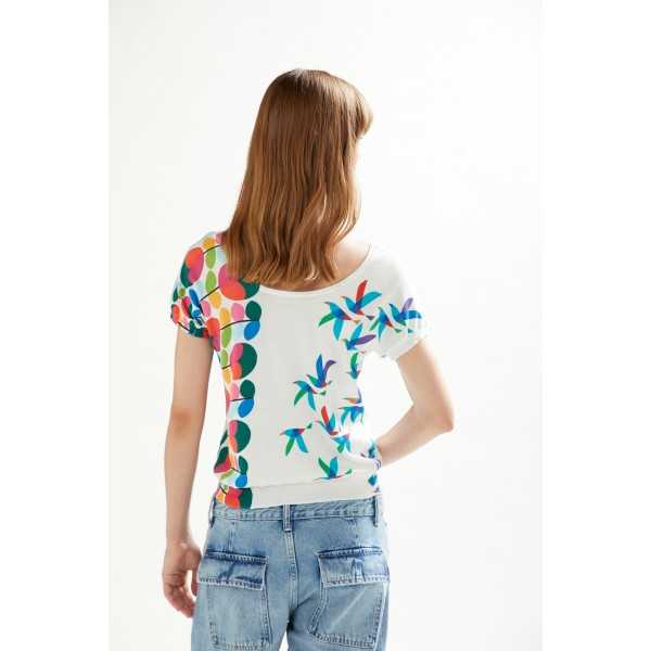 V neck sweater with short sleeves and Birds print double use