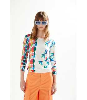 Boat neck sweater with 3/4 sleeves and Birds print double use