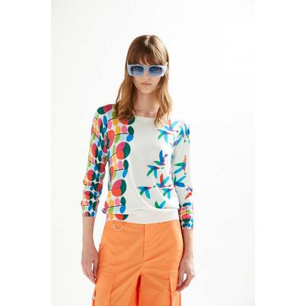 Boat neck sweater with 3/4 sleeves and Birds print double use