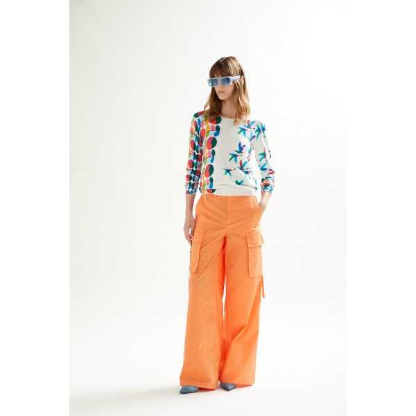 Boat neck sweater with 3/4 sleeves and Birds print double use