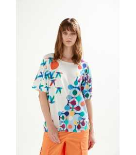 Oversize boat neck short sleeves sweater with Birds print