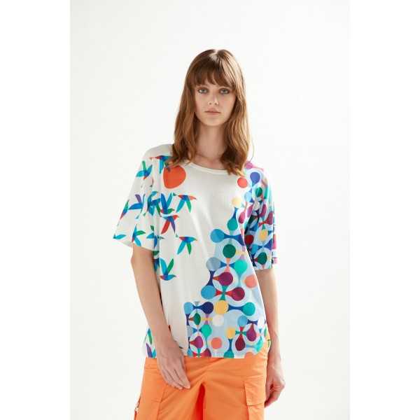 Oversize boat neck short sleeves sweater with Birds print