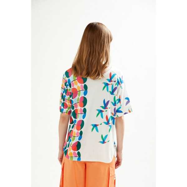 Oversize boat neck short sleeves sweater with Birds print