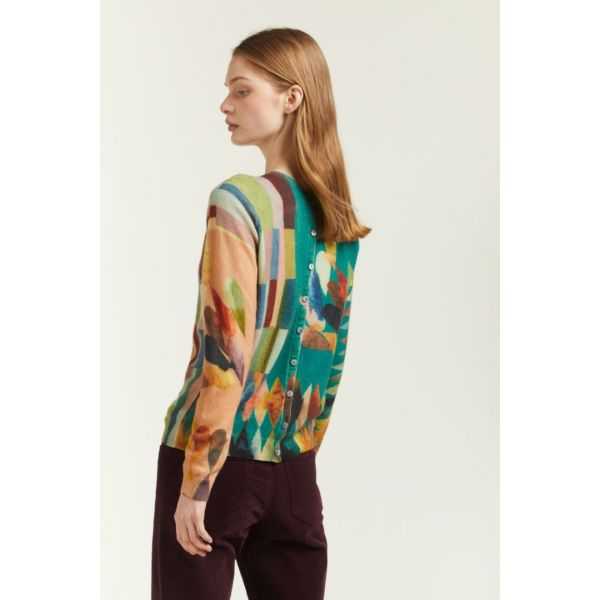 Crewneck cardigan with double use Leaves print