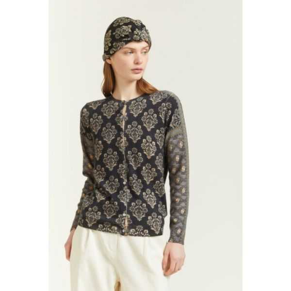 Crewneck cardigan with double use Damask print