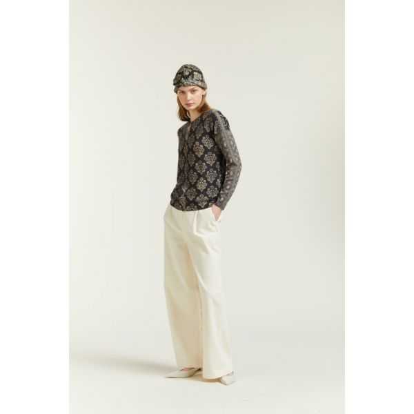 Crewneck cardigan with double use Damask print