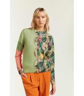 Crewneck cable cardigan with Double use Garden print