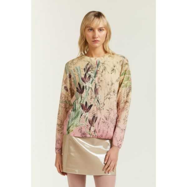 Cardigan girocollo a Trecce con stampa Botanica double use