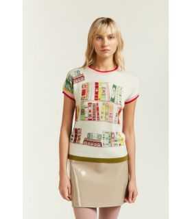 Short sleeved kimono sweater with double use Books print