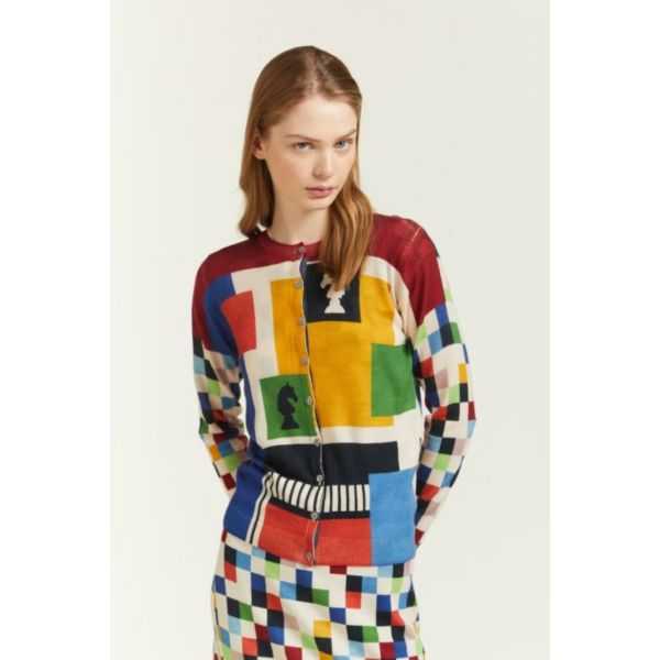 Cardigan girocollo con stampa Scacchi double use
