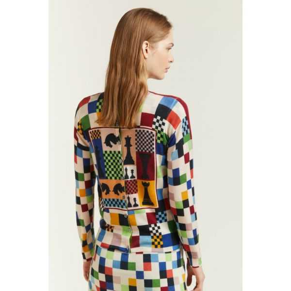 Cardigan girocollo con stampa Scacchi double use
