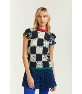 Short sleeved kimono sweater with Squares print