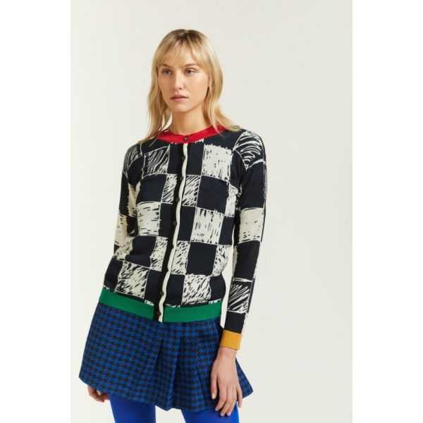 Crewneck cardigan with Squares print