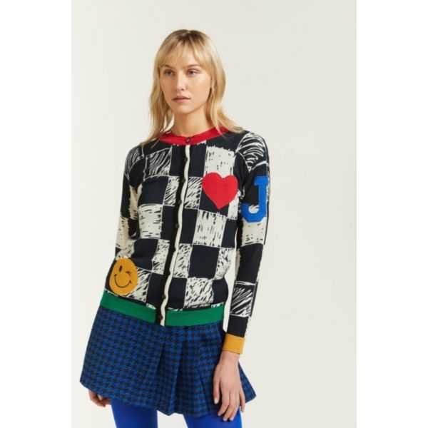 Cardigan girocollo con stampa Quadri e Applicazioni