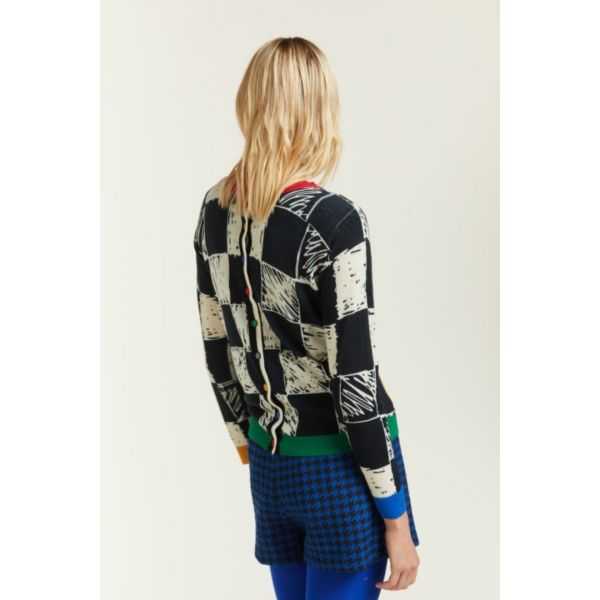 Cardigan girocollo con stampa Quadri e Applicazioni
