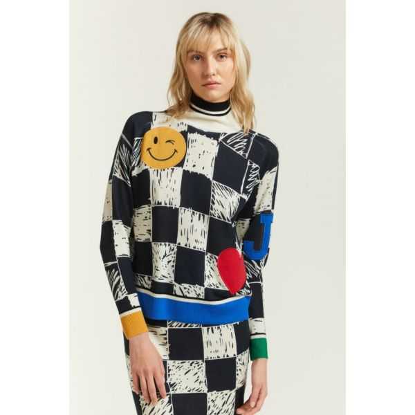 Oversize turtleneck jumper with Squares print and Patches
