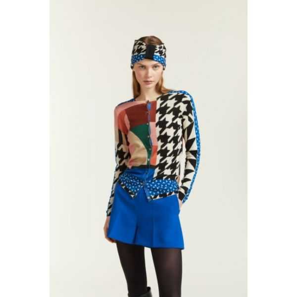 Cardigan girocollo con stampa Pied de Poule double use