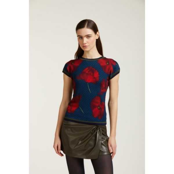 Short sleeved sweater with Poppies print double use