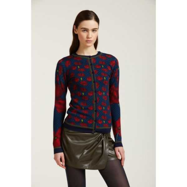 Cardigan girocollo con stampa papaveri double use