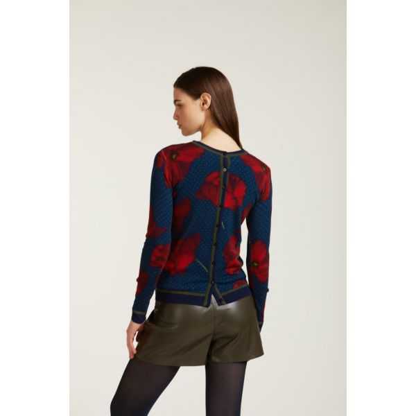 Cardigan girocollo con stampa papaveri double use