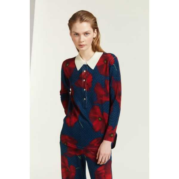Oversize polo shirt with Poppies print