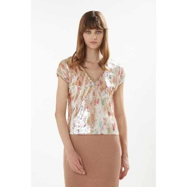 V neck sweater with sequins application, short sleeves and Gocce print