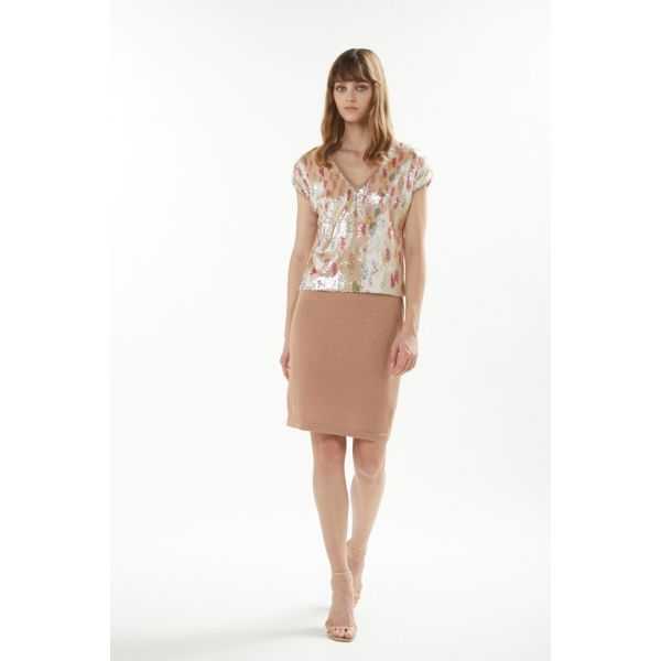 V neck sweater with sequins application, short sleeves and Gocce print