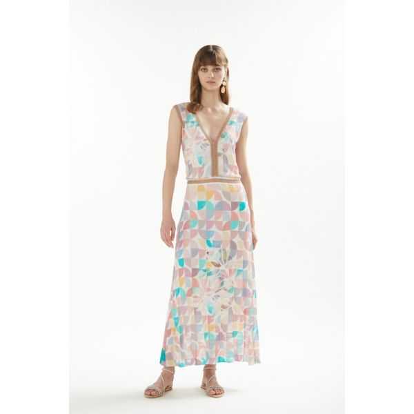 Pointelle long dress with Art print double use