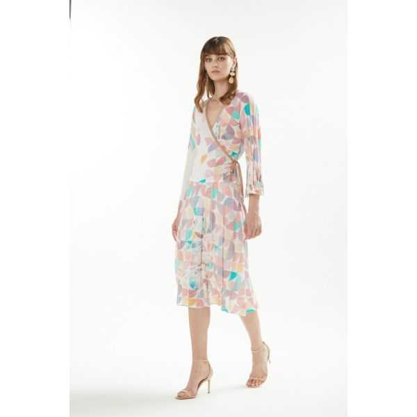 Crossed cardigan with pleated sleeves and Art print