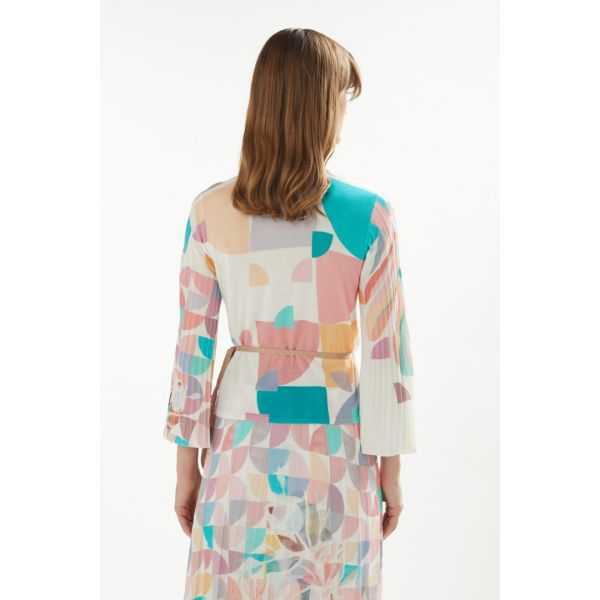 Crossed cardigan with pleated sleeves and Art print