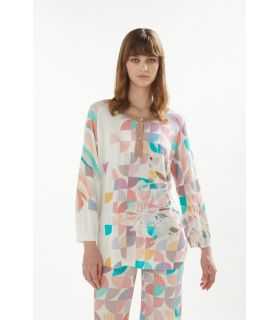 Oversize round neck sweater with buttoning, 3/4 sleeves and Art print double use