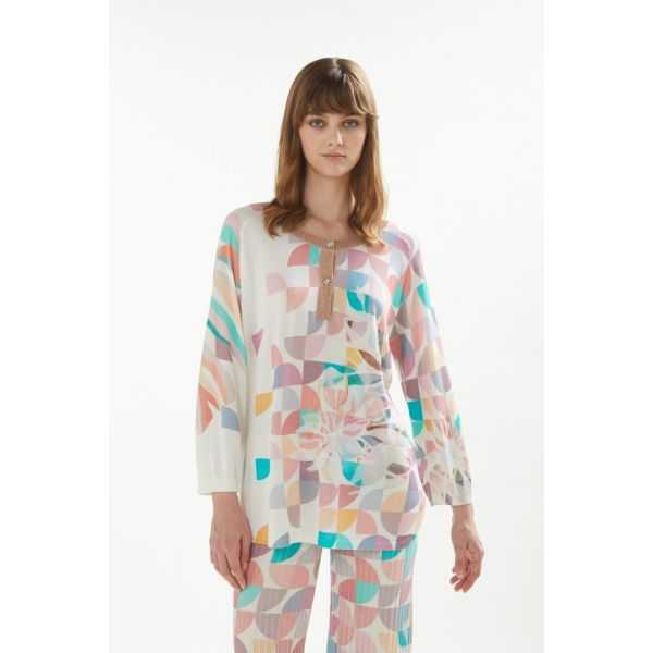 Oversize round neck sweater with buttoning, 3/4 sleeves and Art print double use