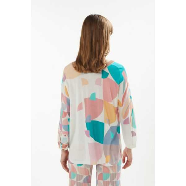 Oversize round neck sweater with buttoning, 3/4 sleeves and Art print double use