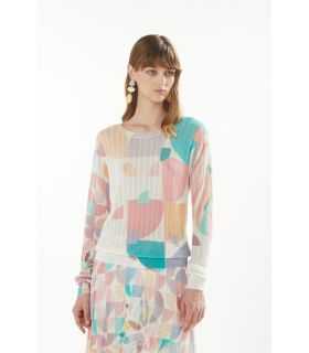 Maglia pointelle con scollo a barca, maniche lunghe e stampa Art doble use