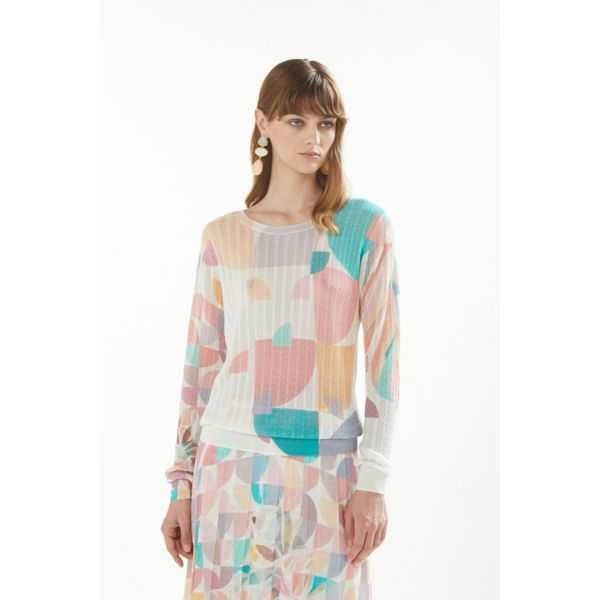 Pointelle boat neck sweater with long sleeves and Art print double use