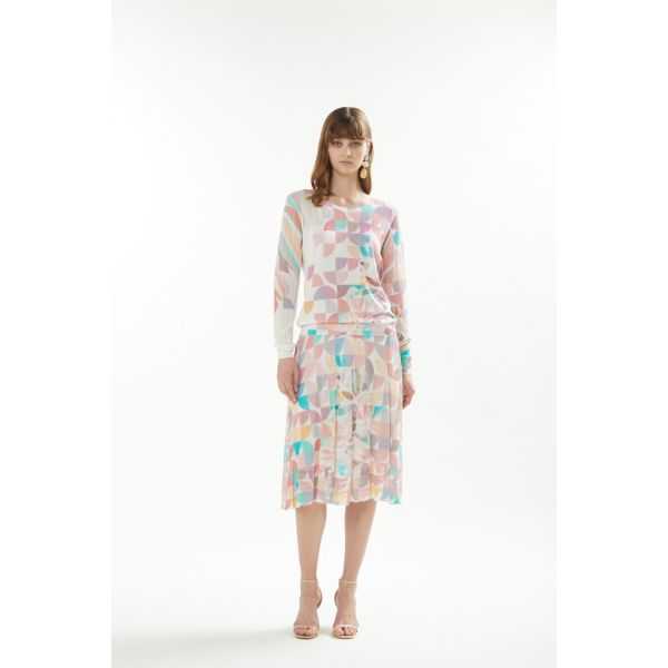 Pointelle boat neck sweater with long sleeves and Art print double use