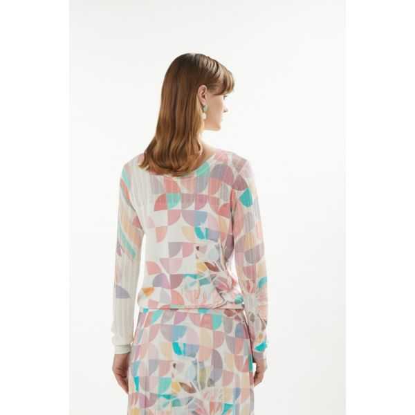 Pointelle boat neck sweater with long sleeves and Art print double use