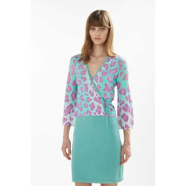 Crossed cardigan with pleated sleeves and Animalier print