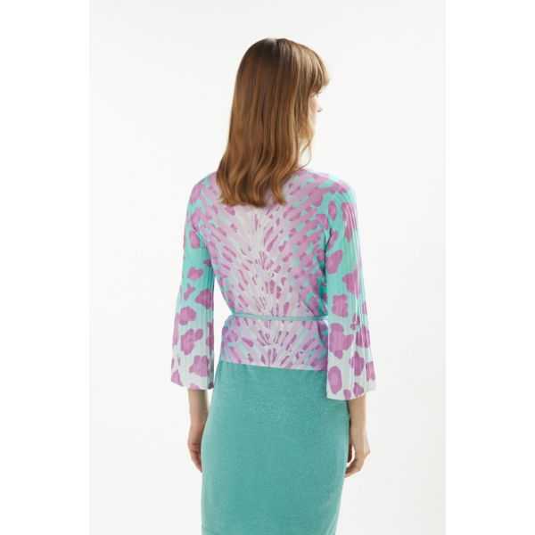 Crossed cardigan with pleated sleeves and Animalier print