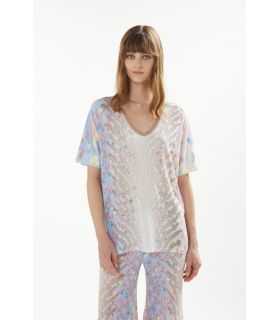 Oversize V neck sweater with short sleeves and Animalier print double use