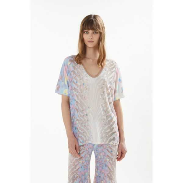 Oversize V neck sweater with short sleeves and Animalier print double use