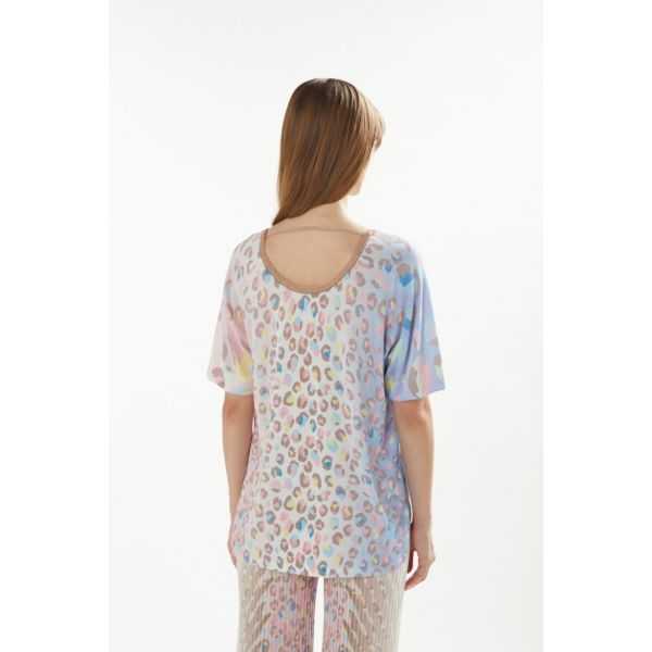 Oversize V neck sweater with short sleeves and Animalier print double use