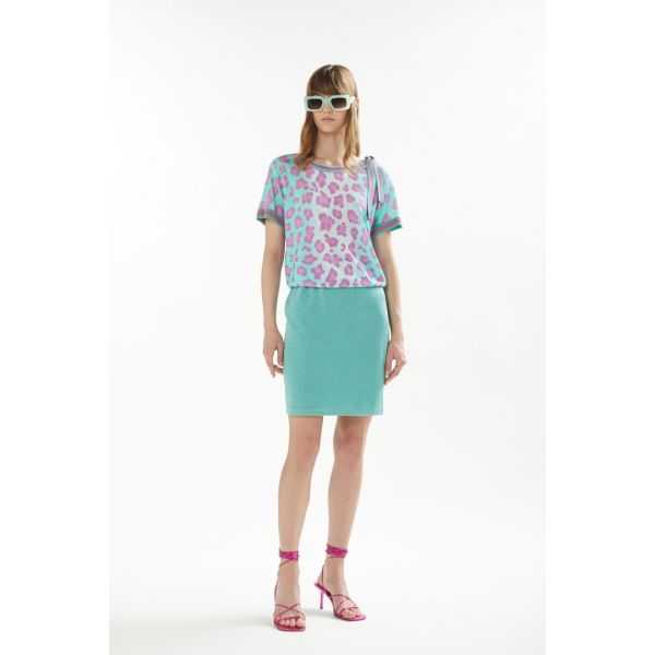 Boat neck sweater with ribbon, short sleeves and Animalier print double use