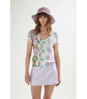 V neck sweater with short sleeves and Foulard print double use