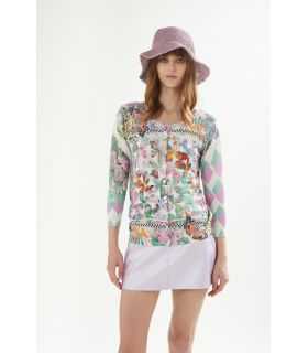 Crewneck jacket with 3/4 sleeves and Foulard print double use