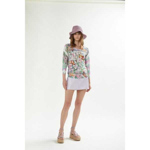 Crewneck jacket with 3/4 sleeves and Foulard print double use