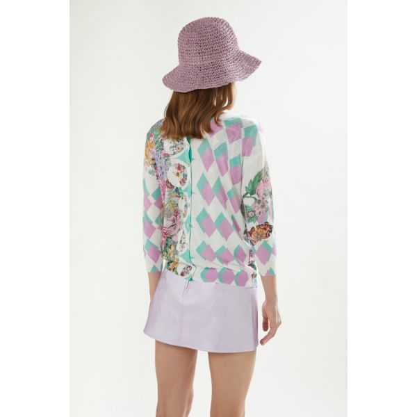 Crewneck jacket with 3/4 sleeves and Foulard print double use