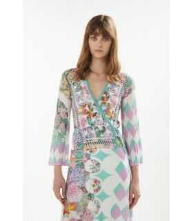 Crossed cardigan with pleated sleeves and Foulard print